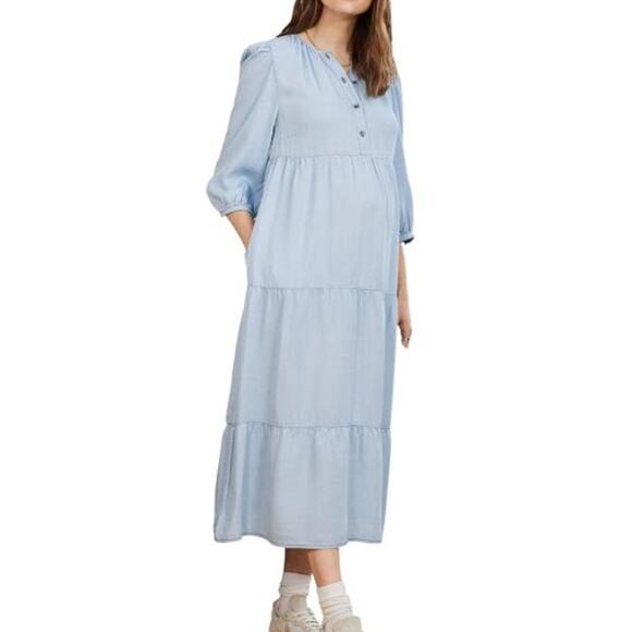 Isabella Oliver Raffa Chambray Tiered Midi Maternity Dress Blue Women's Size 4 - Picture 4 of 8